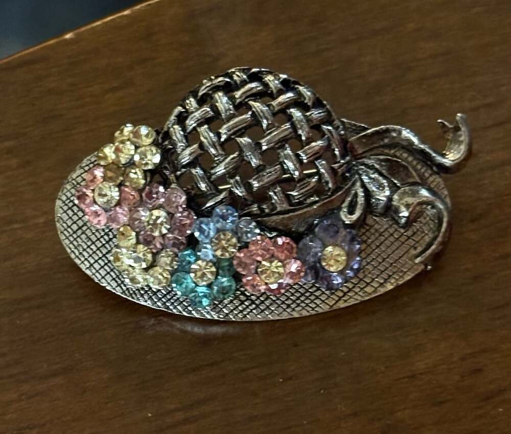 Vintage Rom Rhinestone Hat Brooch Silver Tone Multi Color Crystal Flowers